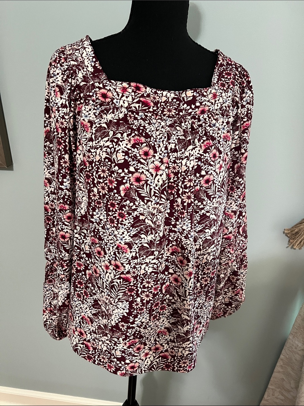 LC Lauren Conrad Burgundy Floral Square-Neck Tunic with Pink Accents